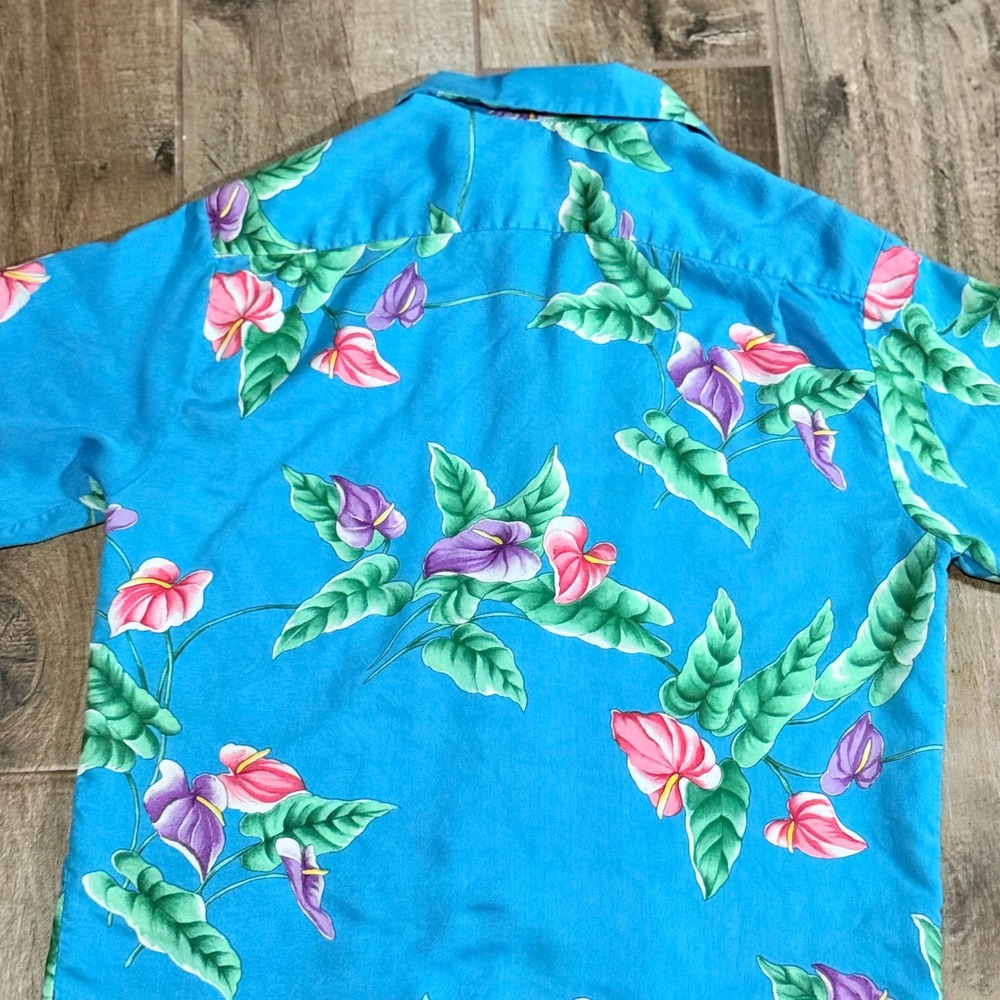 Hilo Hattie Mens VTG 80 Tropical Floral Rayon Hawaiian Aloha Shirt,Blue Pink,L - Picture 7 of 11